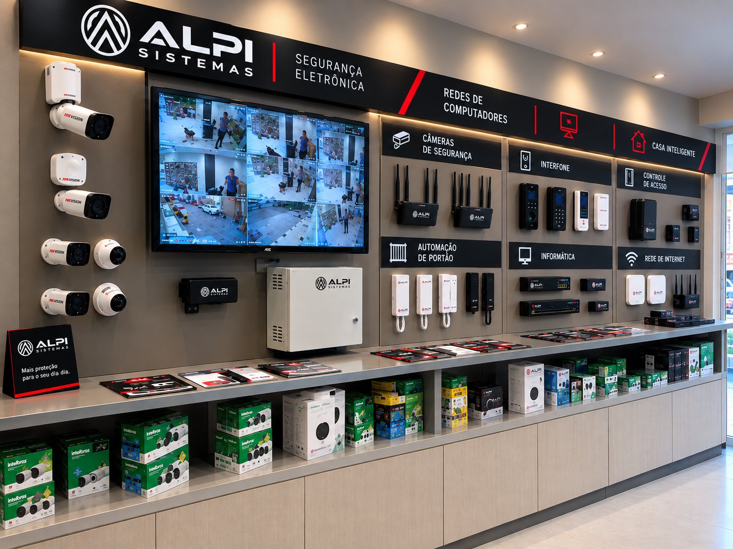Showroom da Alpi Sistemas com câmeras, interfones, controle de acesso e equipamentos em funcionamento
