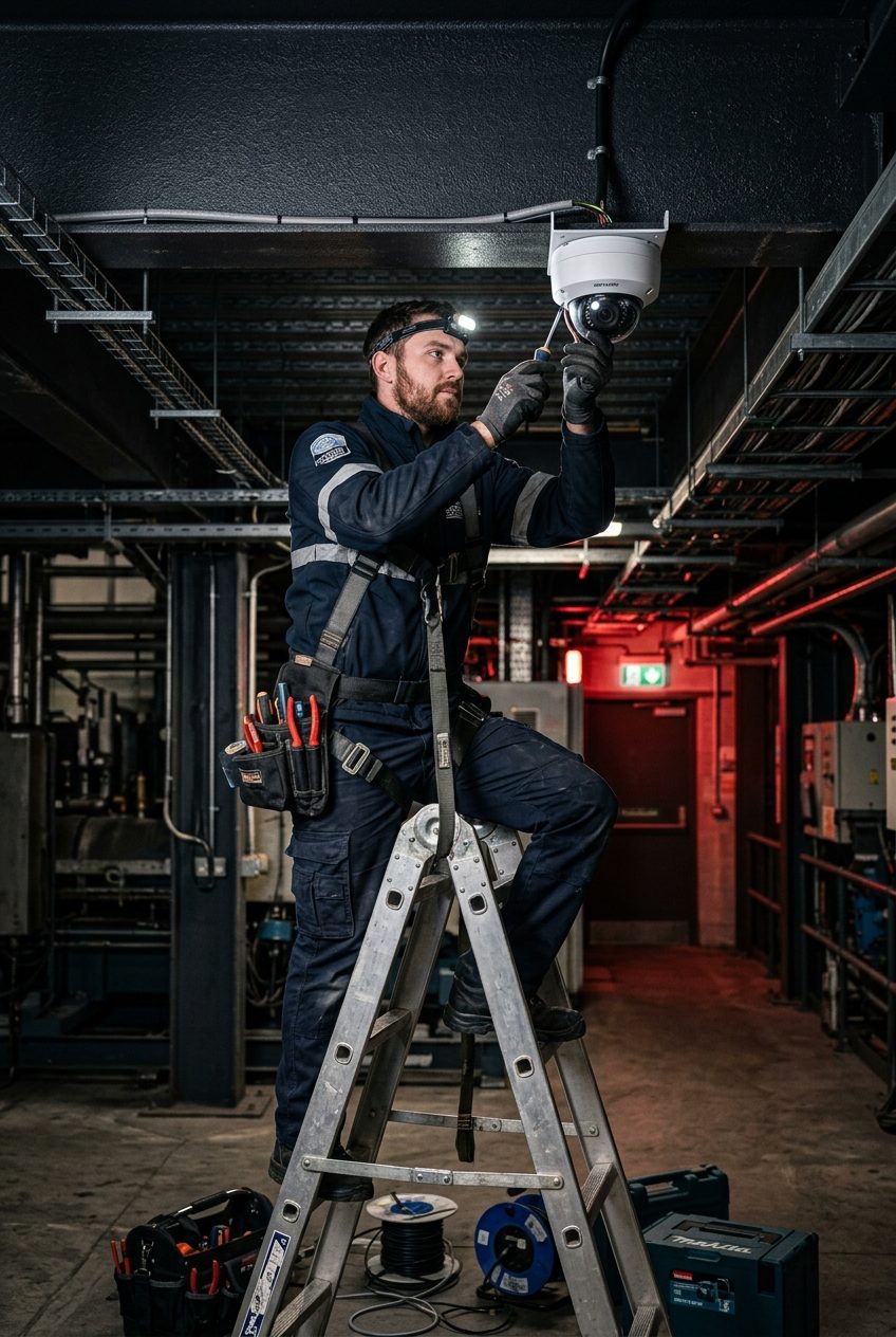 Técnico instalando equipamento de segurança eletrônica
